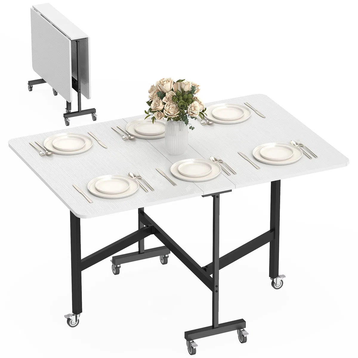 HOMCOM Tavolo da Pranzo Pieghevole, Tavolo Cucina a Ribalta con Ruote a Freno per 4-6 Persone, Scrivania Richiudibile con Struttura in Acciaio, per Soggiorno, 120x80x73 cm, Bianco Effetto Legno
