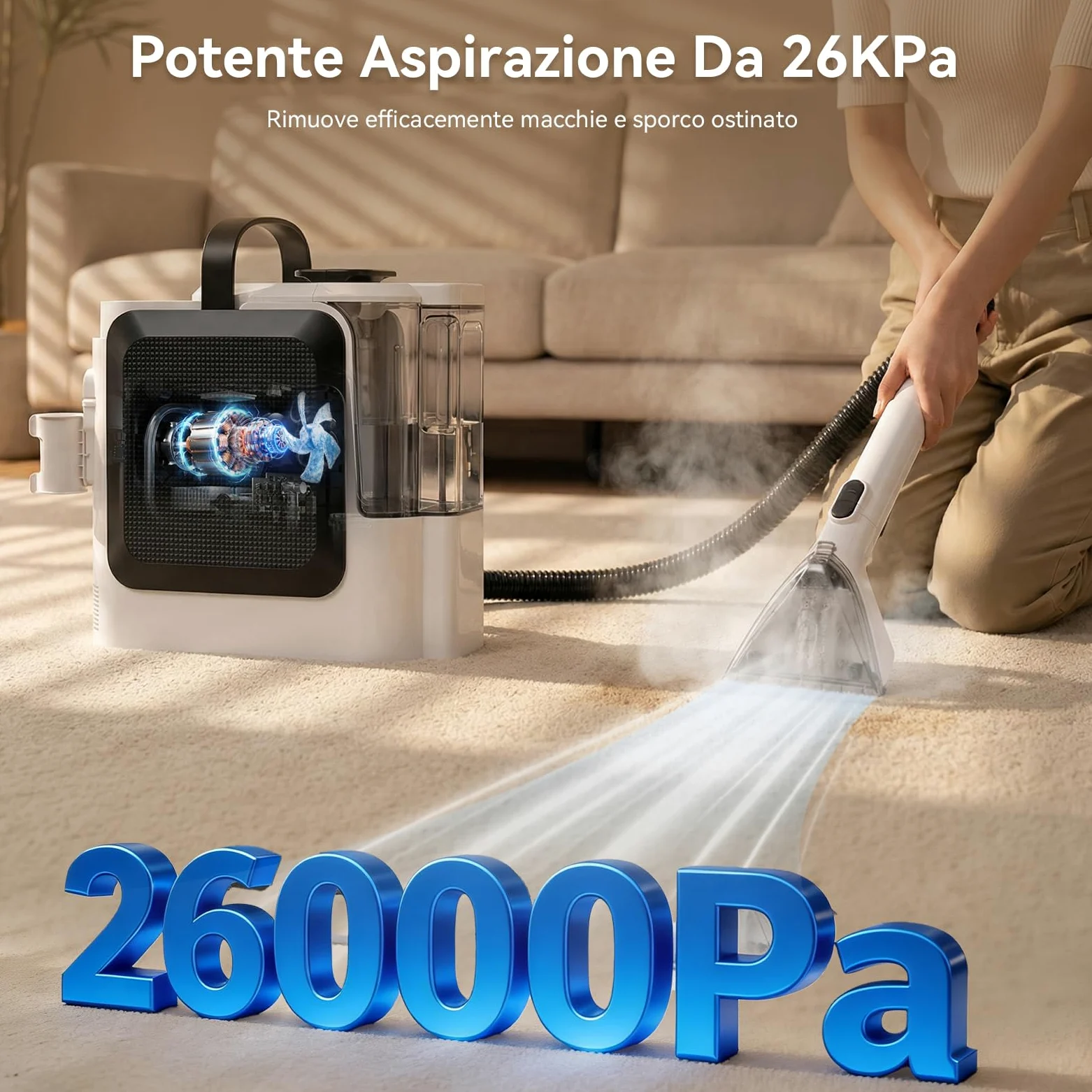 F1 Lavatappeti Aspirapolvere Tessuti Divani, Pulitore per Tappeti e Tappezzeria con Aspirazione, 600W+1200W Lava e Asciuga, 26kPa Potente Aspirazione, Serbatoio Doppio, Spazzola Autopulente