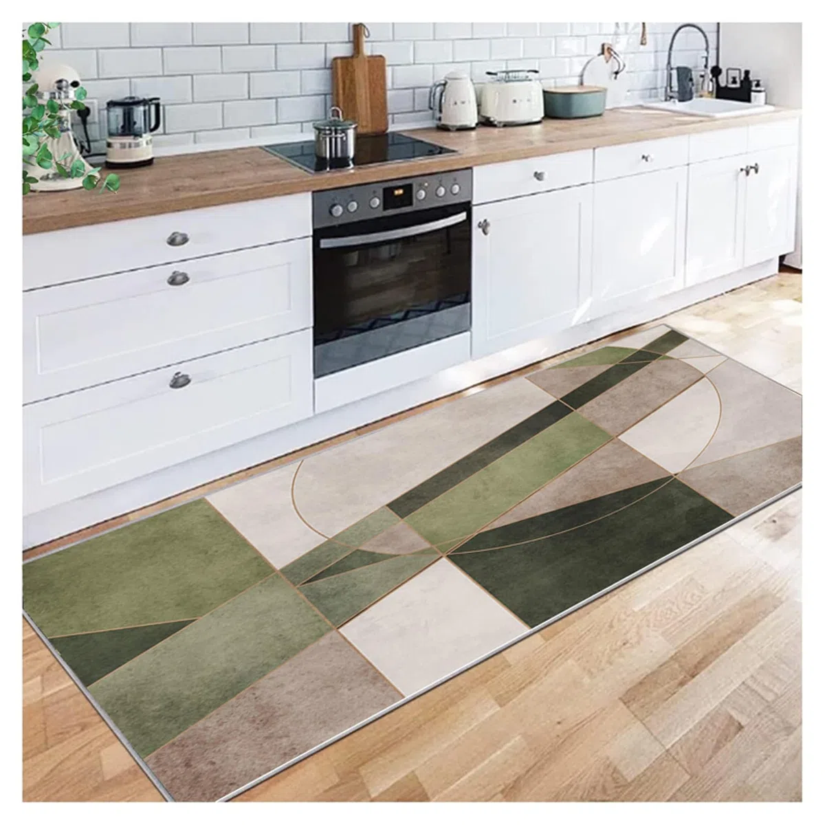 Passatoia Cucina Moderno Antiscivolo Lavabile Antimacchia Verde, Marrone Motivo Geometrico Tappeto Runner Lungo per Corridoio Ufficio Entrata Casa Cucina da Ingresso,Verde,80x300cm
