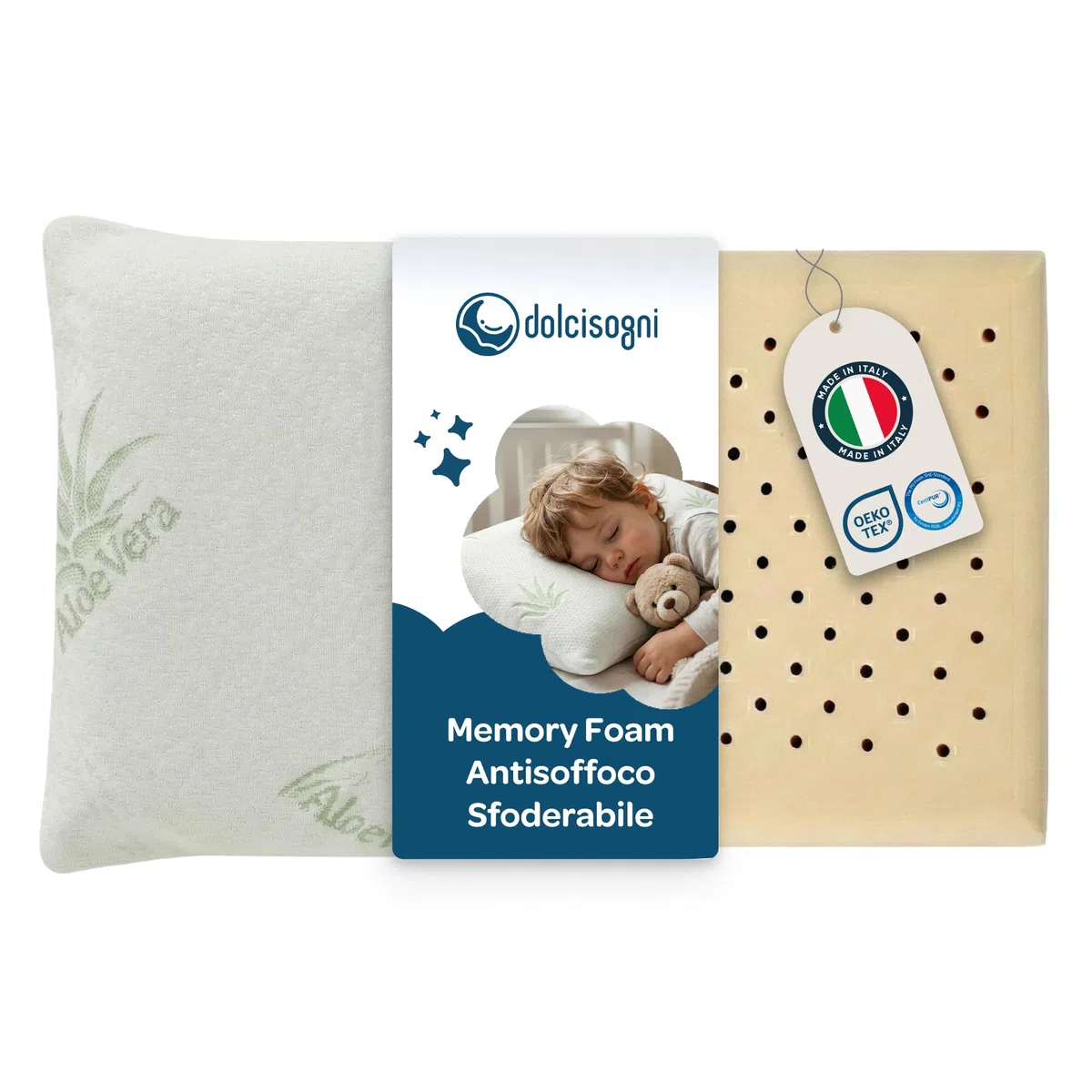 DOLCI SOGNI Cuscino Lettino Bambino fino a 5 anni | Antisoffoco 50x30 Memory Foam Spessore 5,5 cm, OEKO-TEX® e CertiPUR™ | Cuscino per Asilo | Cuscino da Viaggio Modello Aloe 100% Made in Italy