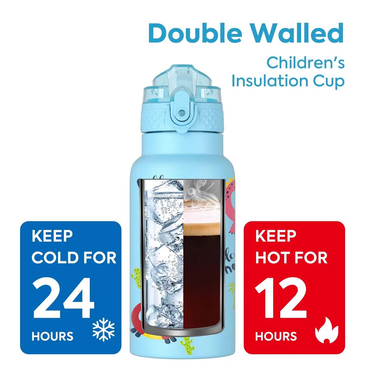 OLDLEY 500ml/17oz Bambini Bottiglia d'Acqua Isolata in Acciaio Inossidabile con Cannuccia Doppia Parete in Metallo Sottovuoto Riutilizzabile con 2 Coperchi Diversi Bevande Calde Fredde