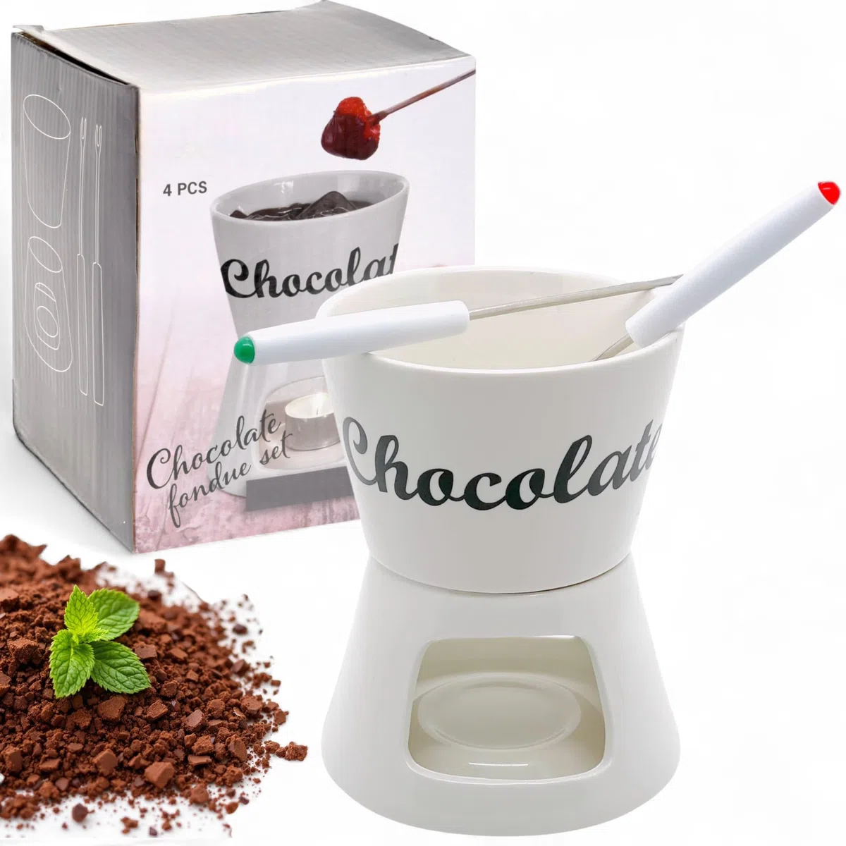 MIJOMA Set per fonduta di cioccolato, con 2 forchette per fonduta di cioccolato, Ø ca. 12 x 15 cm, colore: Bianco