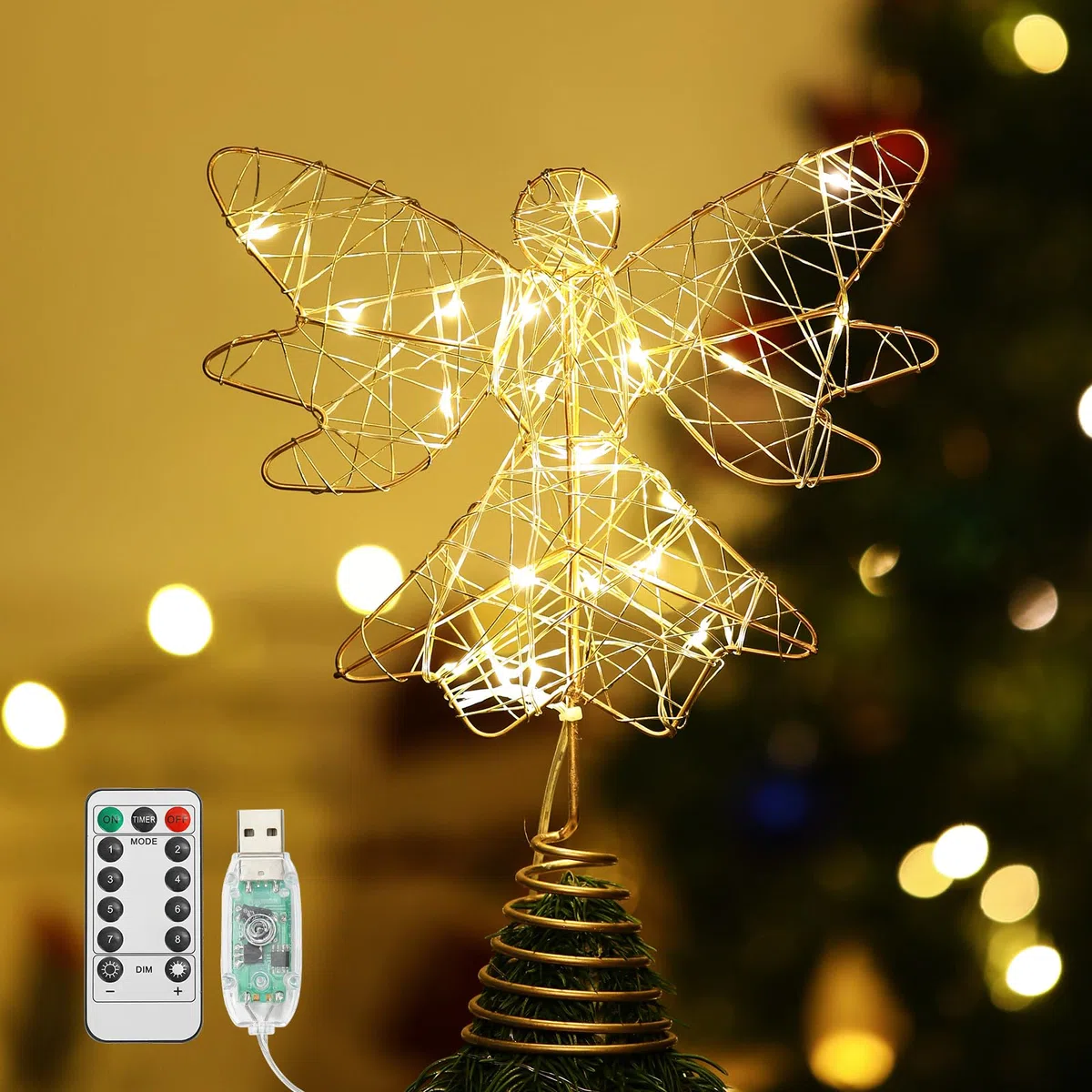 Lewondr Puntale per Albero di Natale a Forma di Angelo, 9,8" Topper con Base a Molla Telecomandato Alimentato da USB con 8 Modalità di Luce, Oro