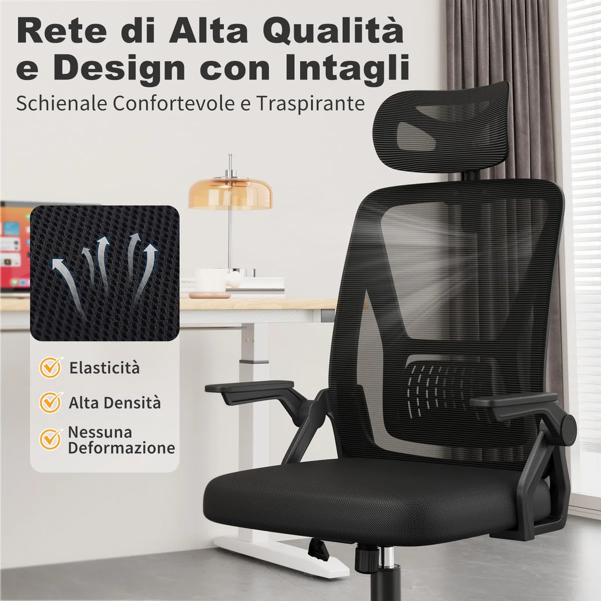 naspaluro Sedia da Ufficio,Con Braccioli Ribaltabili a 90°,Sedie Scrivania Ergonomica Lombare, Con Poggiatesta, Rivestimento in Rete Traspirante, Sedia Girevole a 360° Con Funzione Swing,Nero