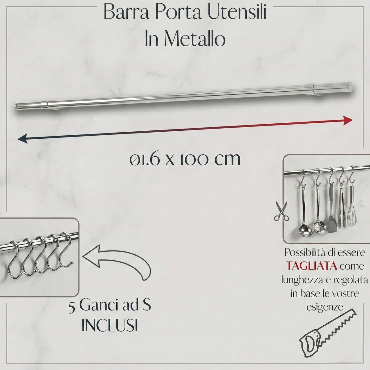 Barra Portautensili Cucina in Metallo 1.6x100 cm, 5 Ganci a S inclusi, Portautensili da Cucina Appendi Mestoli e Utensili Sottopensile