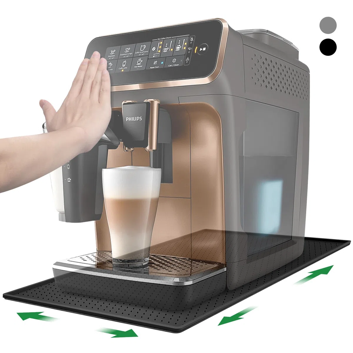 Tappetino per Macchina da Caffè, Tappetino in Silicone 48x30cm con Bordo Rialzato, Protezione Piano di Lavoro, Compatibile con De Longhi Magnifica, Philips LatteGo, Siemens EQ6 (Nero)