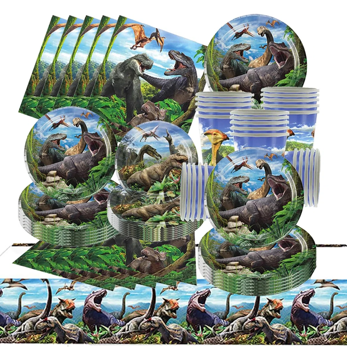 81 Pezzi Dinosauri Stoviglie per Feste di Compleanno，Addobbi Compleanno Dinosauri，Tovaglia，Piatti Carta