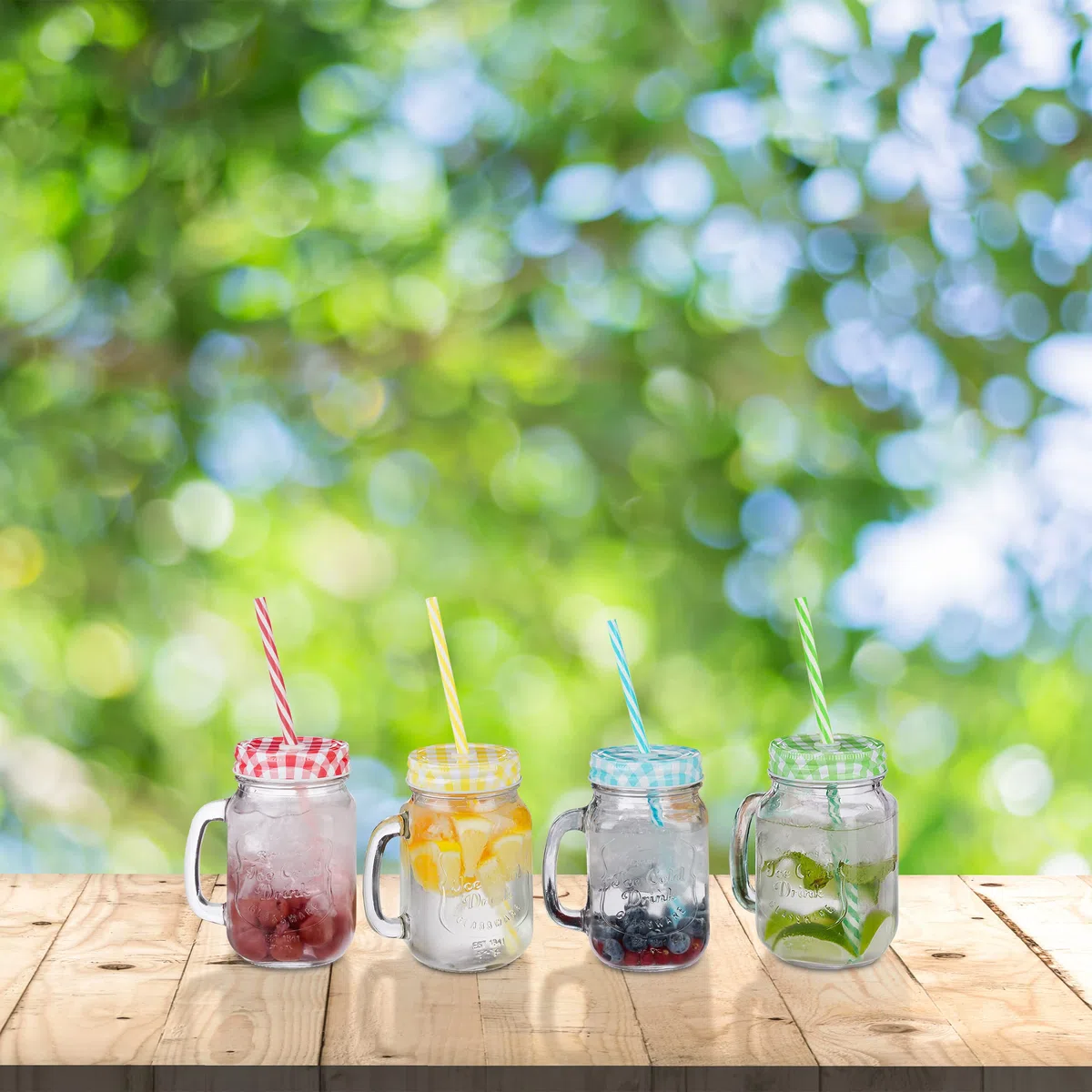 Relaxdays Set 4 Tazze con Cannuccia e Coperchio, tè Freddo, Bevande, Limonate, per Party, con Manico, 500 ml, Colorato