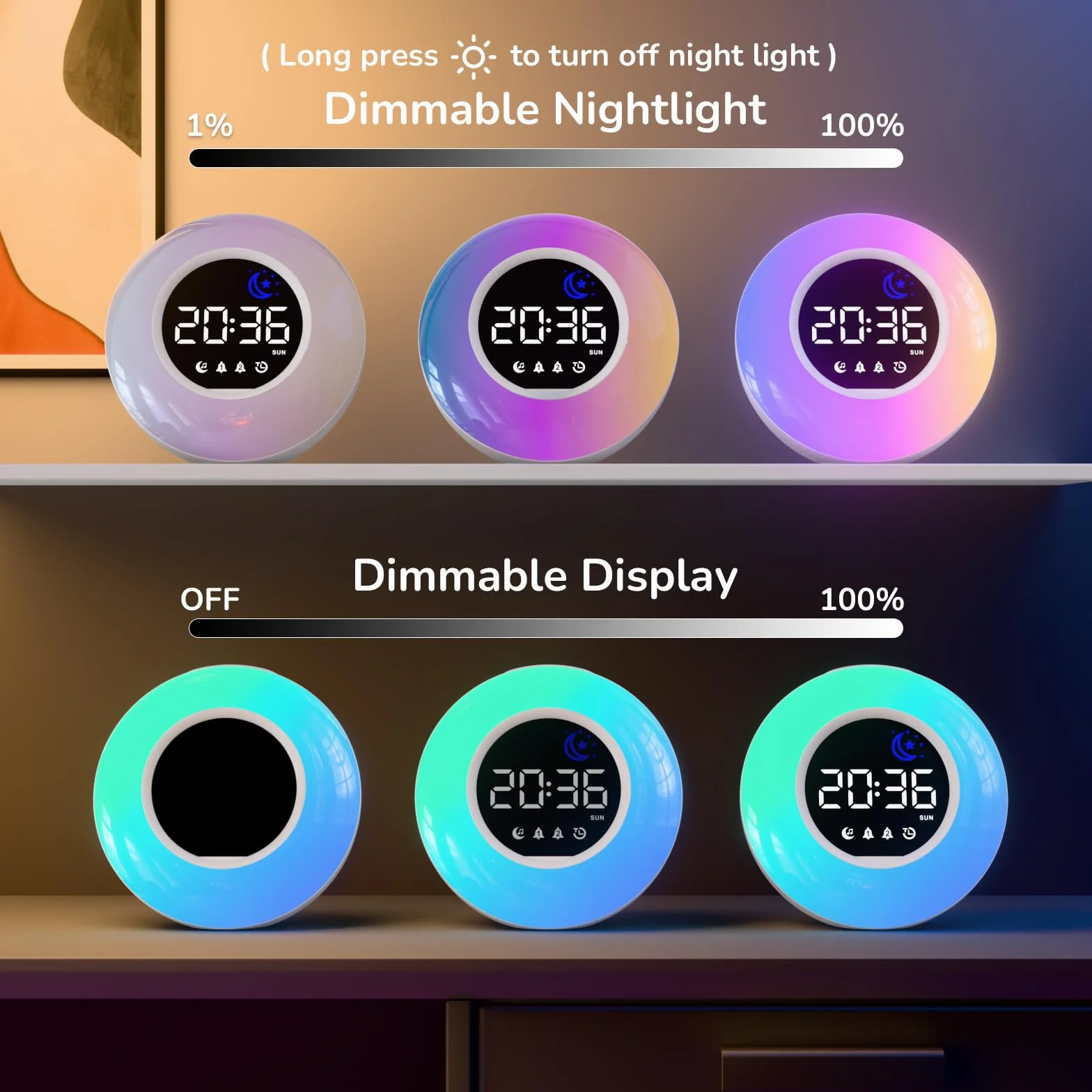 Sveglia Digitale da Comodino per Bambini con Luce Notturna a 10 Colori, Modalità Giorno e Notte, 12 Melodie, Doppia Sveglia, Timer, Luminosità e Volume Regolabili, Alimentazione a Rete