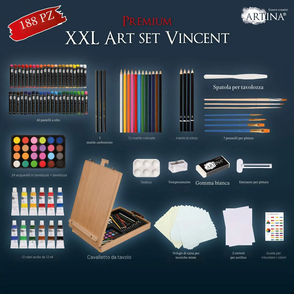 Artina 188 Pezzi Set Pittura per Bambini e Adulti Vincent – Kit Pittura Completo con Cavalletto e Valigetta in Legno FSC®, Colori Acrilici, Acquerelli, Pastelli – Set per Dipingere Professionale