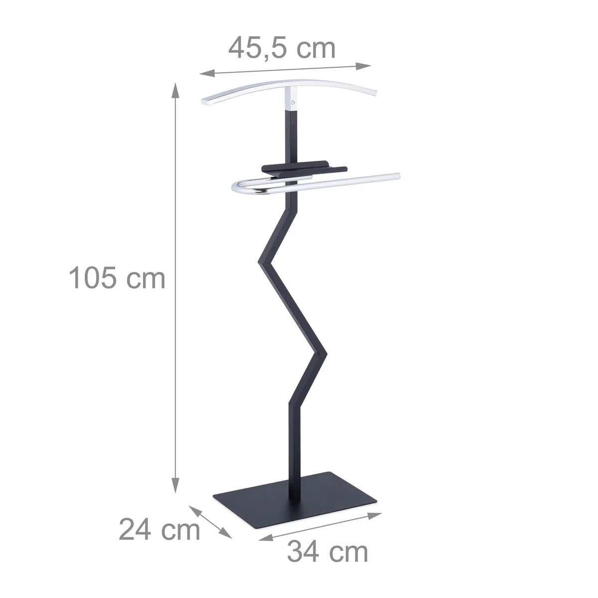 Relaxdays Servo Muto da Camera, Appendiabiti per Giacca e Pantalone, con Ripiano, 105x45,5x24 cm, Acciaio, Nero Argento