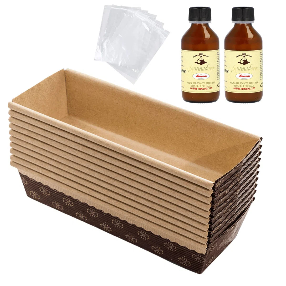 Kit Stampo per Plumcake (10pz x 400 gr) + Aroma per Dolci Fraccaro (2pz - 100 ml) + Sacchetto (10 pz), Stampi di Carta di Pura Cellulosa ideale per l’uso in Forno, resistente al calore 200°C