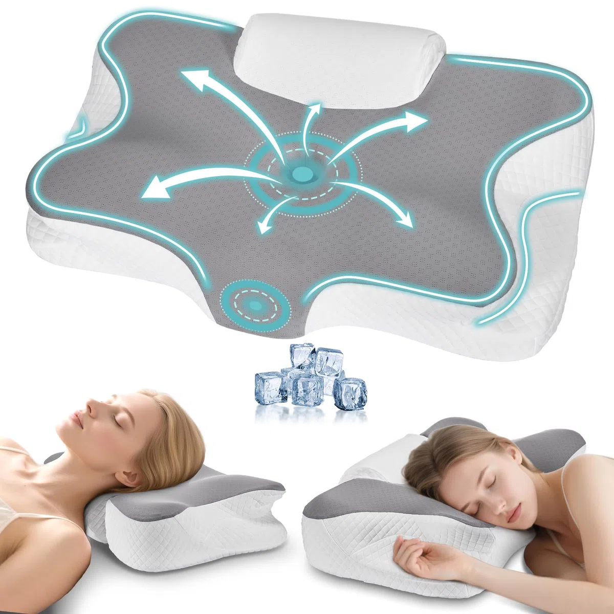 Cuscino Cervicale 2 in 1 in Memory Foam Ergonomico, per Dormire su Fianco, Schiena e Stomaco, con Federa Sfoderabile e Lavabile, 61x41x12/13 cm (Grigio)