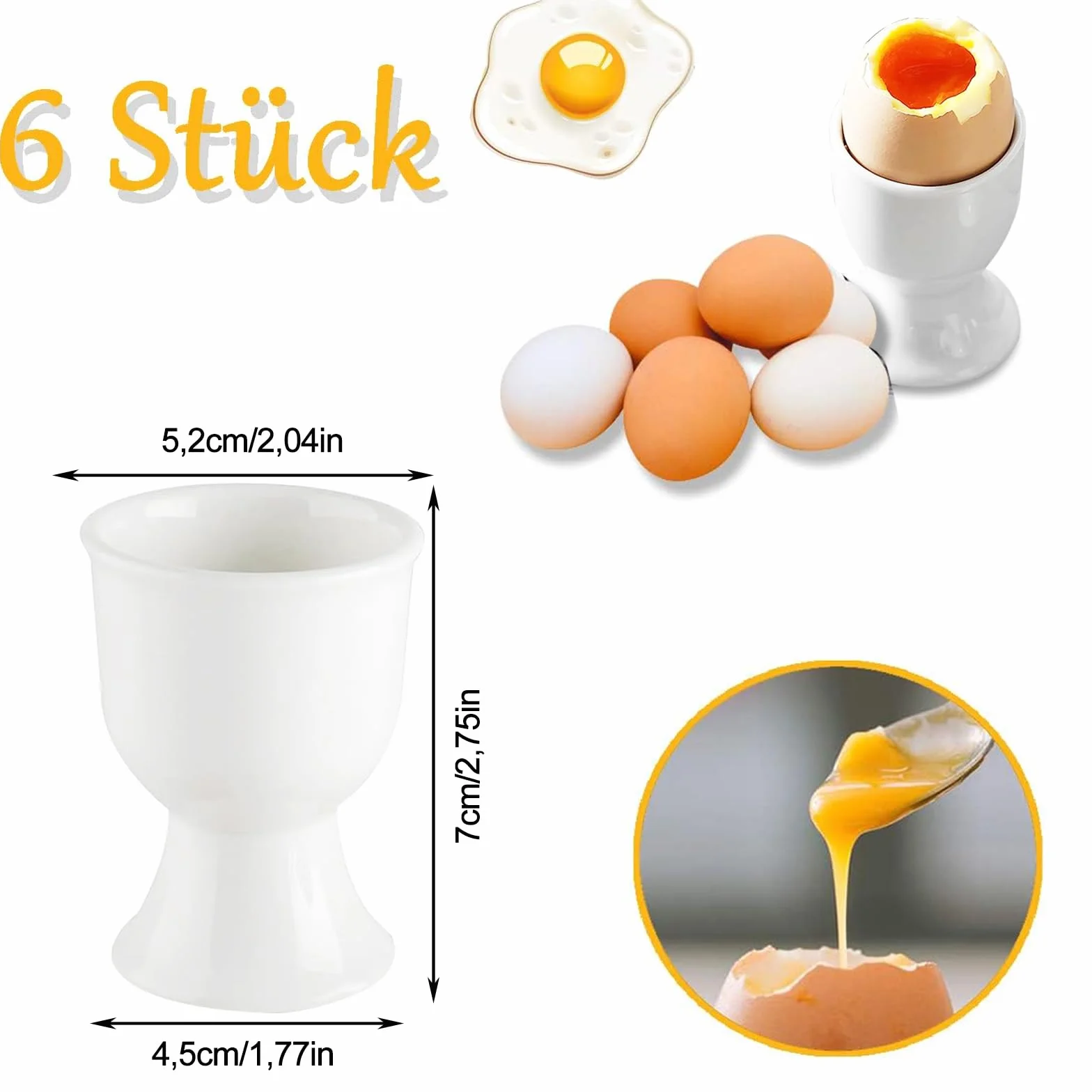 6 Portauova Porcellana Bianca - 7 x 5,2cm Supporti Ceramica per Colazione Uova Sode o alla Coque - per Cucina Casa Ristorante