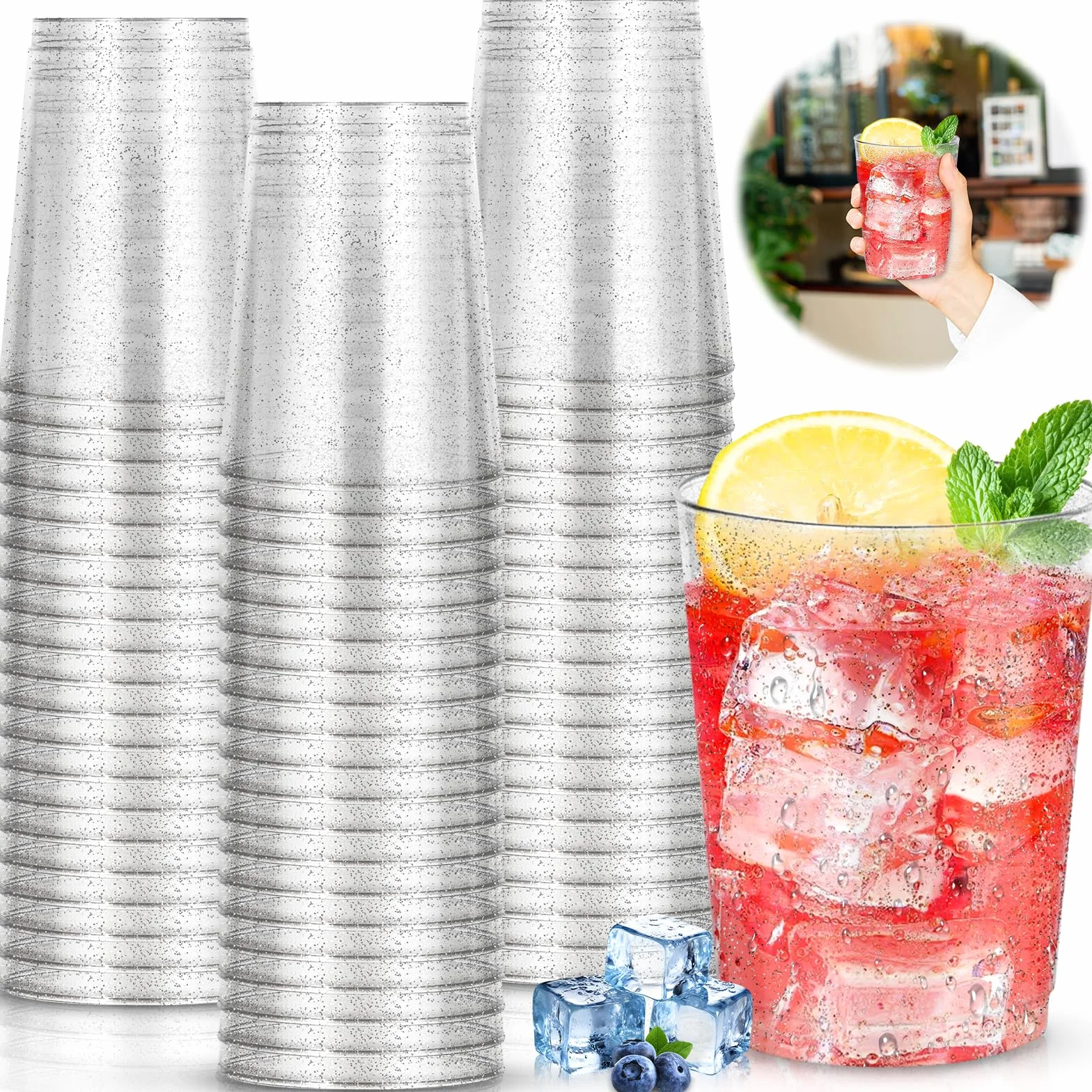 Confezione da 60 bicchieri di 'plastica', 300 ml, in plastica rigida, riutilizzabili, bicchieri da cocktail per beer e bevande, feste, compleanni, matrimoni, Natale, argentati