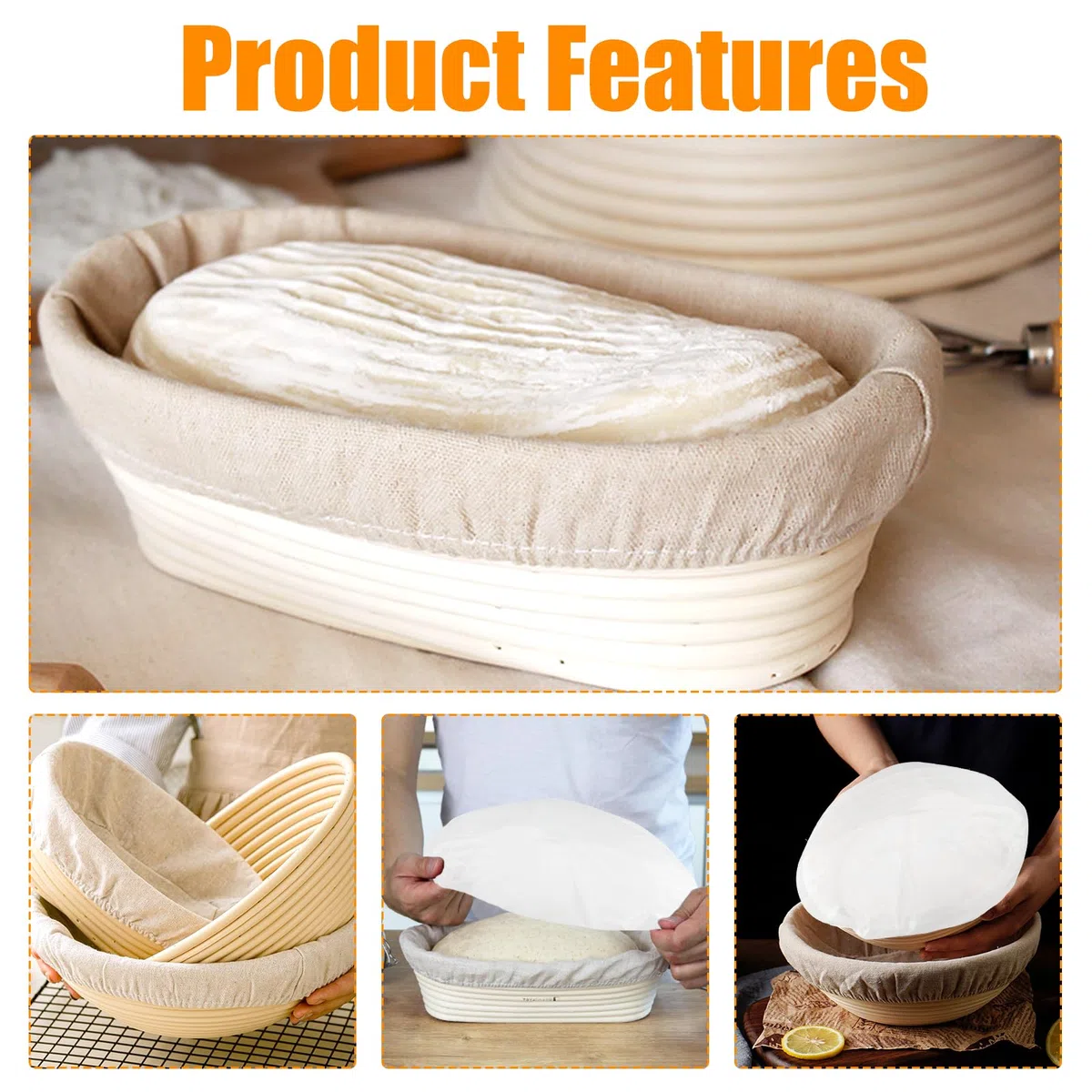 4 + 2 Pezzi 25 Cm Cestino Lievitazione Pane & 28 Cm Coperchio per Lievitazione del Pane, Inserto in Lino per Cestini di Lievitaziones per Di Cucina, Cottura in Casa