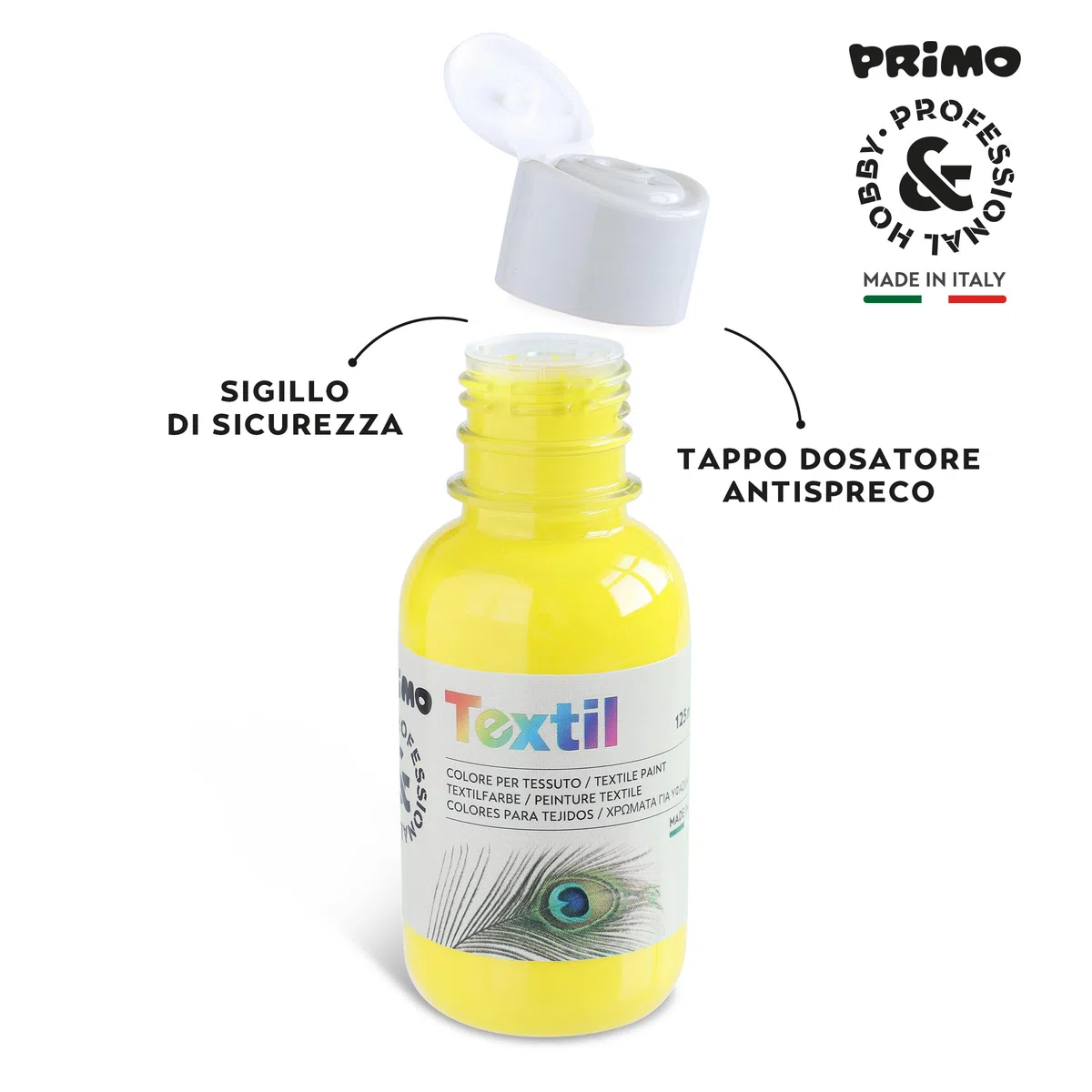PRIMO Hobby & Professional - Colori Acrilici per Dipingere 6 Colori per Artisti +14 Anni 125ml Colori per Tessuti Permanenti Coprenti Vernice Acrilica Cartoleria Lavoretti Creativi Pittura per Tessuti