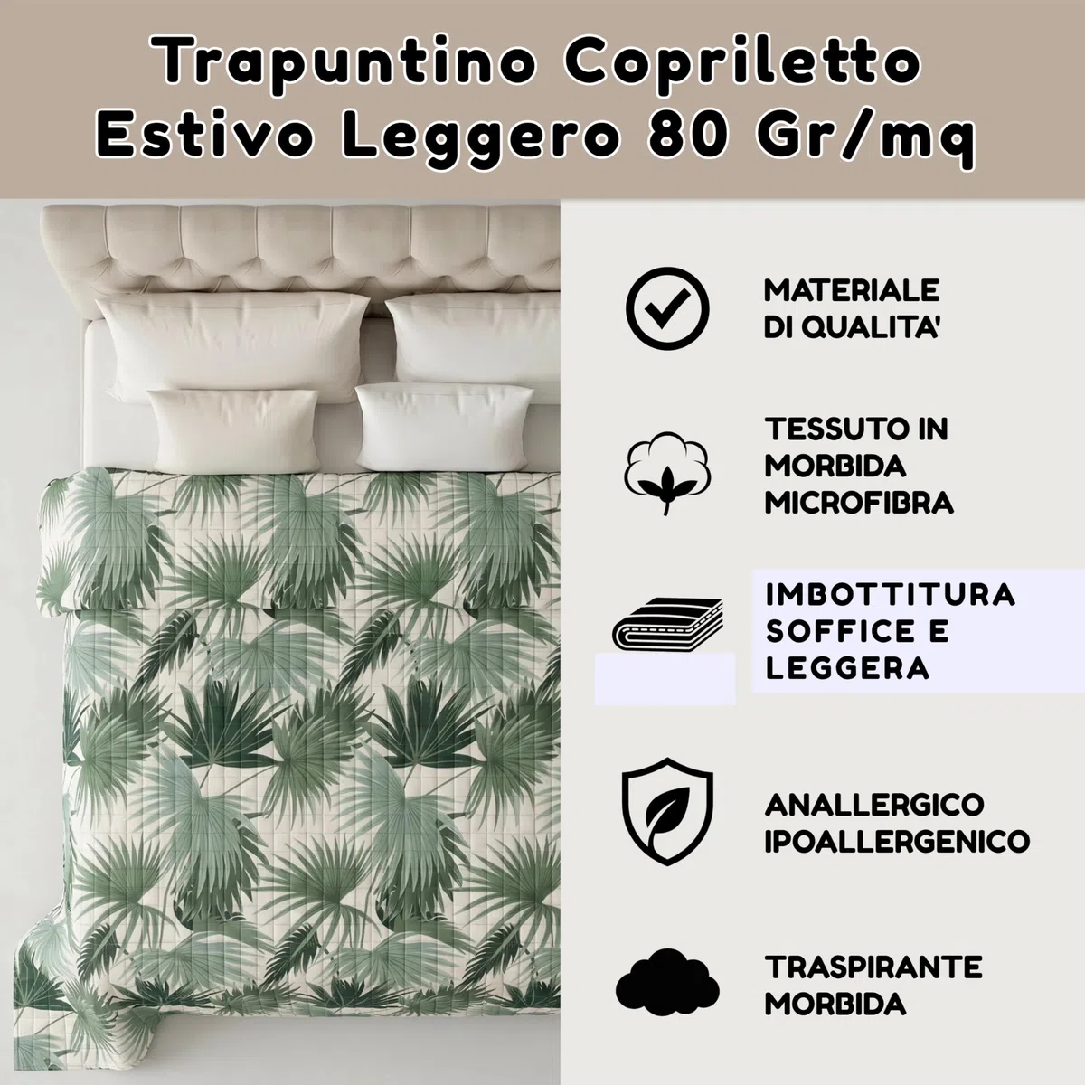 Riad Arredo Copriletto Trapuntato Matrimoniale Estivo Primaverile 260x260 cm – Trapuntino Leggero in Morbida Microfibra Traspirante Mano Delicata – Tropical