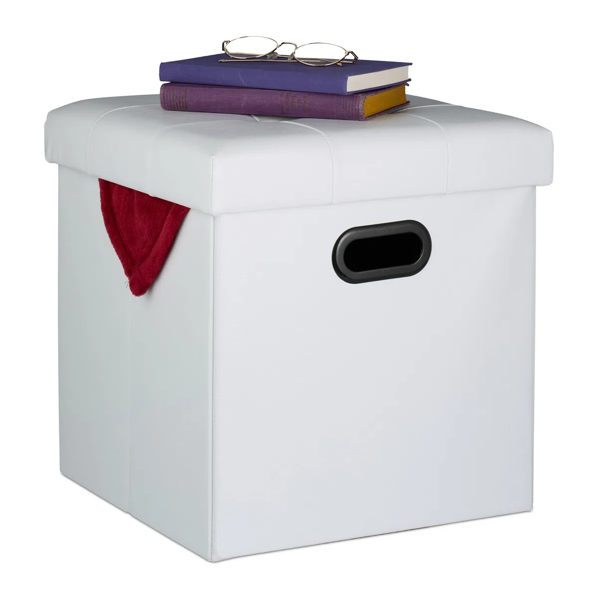 Relaxdays Pouf Contenitore, Sgabello Pieghevole Pelle Finta, Poggiapiedi Imbottito con Coperchio, HLP 39x37x37cm, Bianco