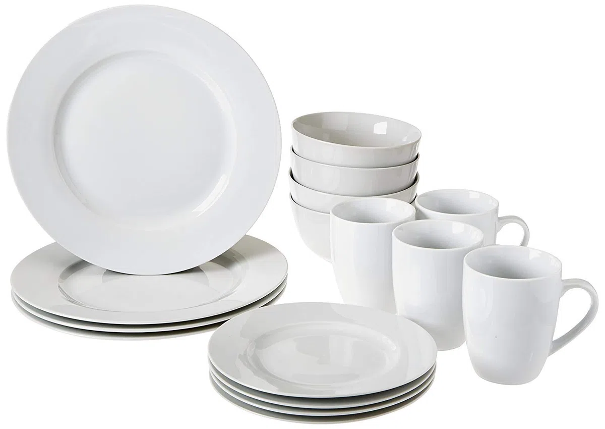 Amazon Basics Set di Stoviglie per 4 Persone, Porcellana, Bianco, 16 Pezzi