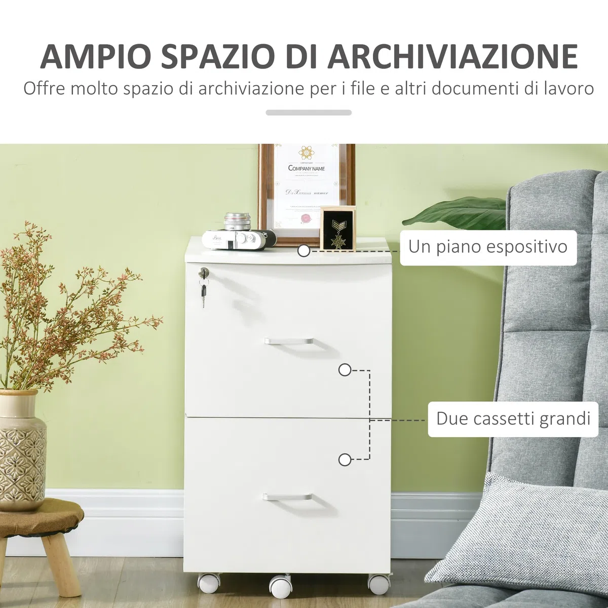 Vinsetto Armadietto da Ufficio e Studio con 2 Cassetti Bloccabili, 5 Ruote e Piano d'Appoggio, Schedario in MDF e Truciolato, 43x45x72cm, Bianco