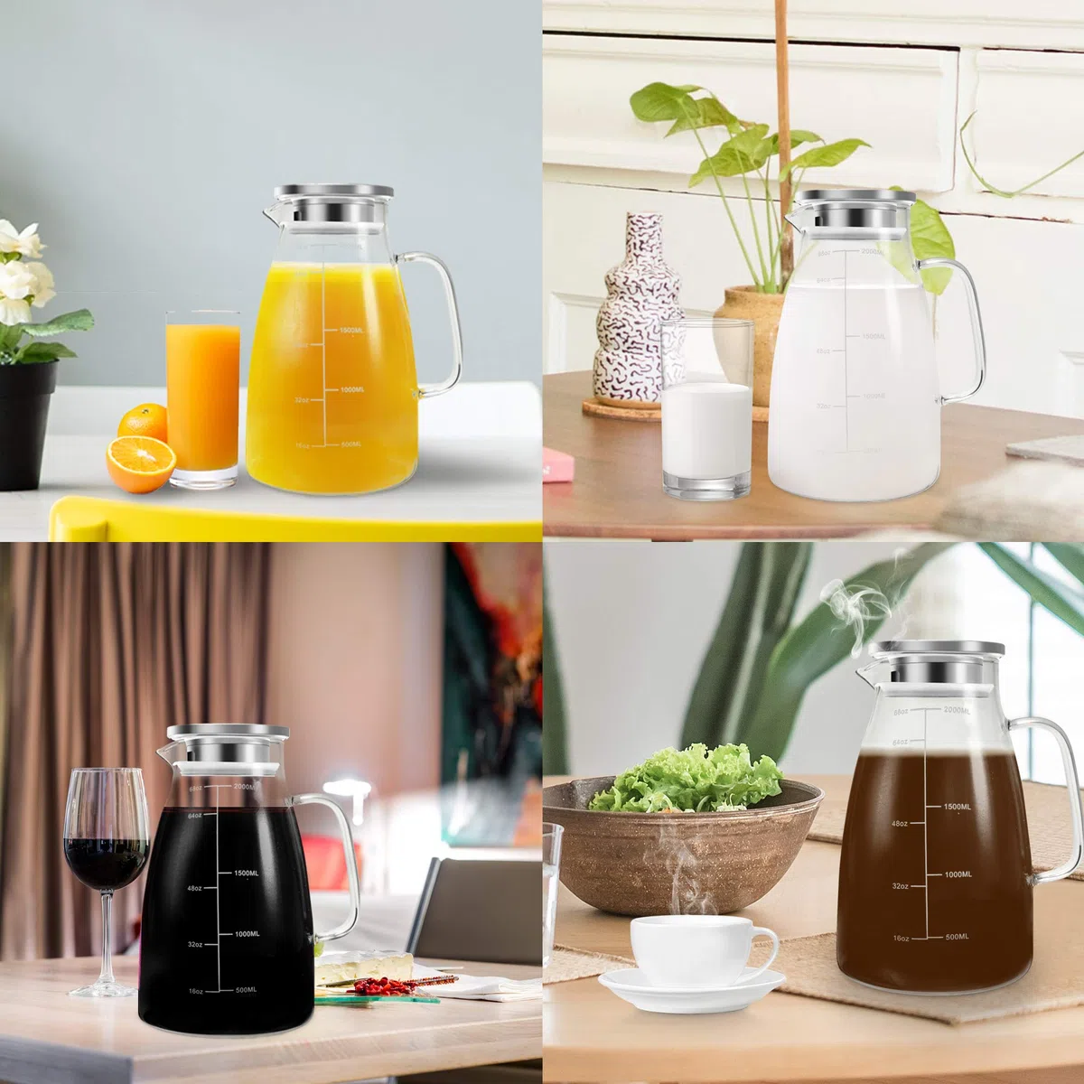 Caraffa in Vetro 2L Graduata Aofmee, Brocca con Coperchio Acciaio Inox 304, in Borosilicato, Caraffa Acqua per Frigorifero, Tè Freddo, Succo, Bevande