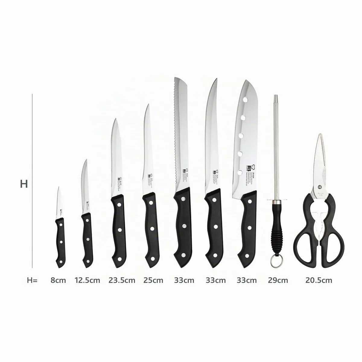 RENBERG Tenessy | Coltelli da Cucina | Set Completo di 15 Pezzi con Ceppo di Legno | Perfetti per Tagliare Ogni Ingrediente | Cucina Professionale | Fabbricati in Acciaio Inox