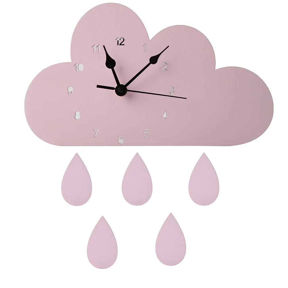 Livecitys Elegante Orologio da Parete con Nuvola in Legno Nordico A Forma di Goccia di Pioggia Orologio da Parete per La Cameretta dei Bambini Decorazione Rosa