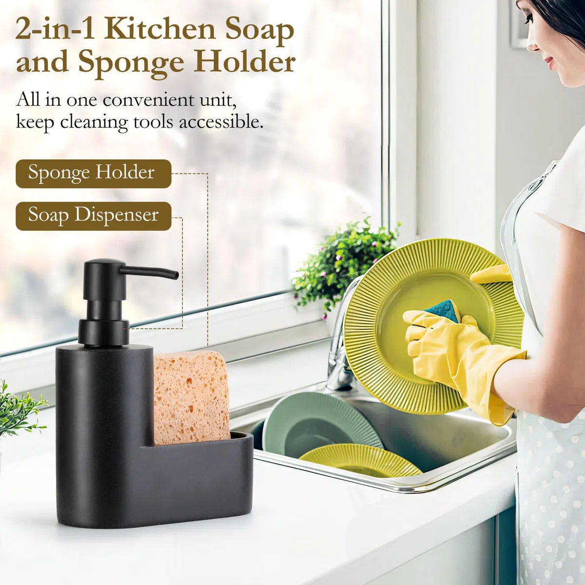 Shinowa Dispenser di Sapone per Piatti con Supporto per Spugna, Riempibile Distributore di Sapone da Cucina, Erogatore di Sapone da Banco 2 in 1 per Lavello di Cucina e Bagno, Nero Ghiaia