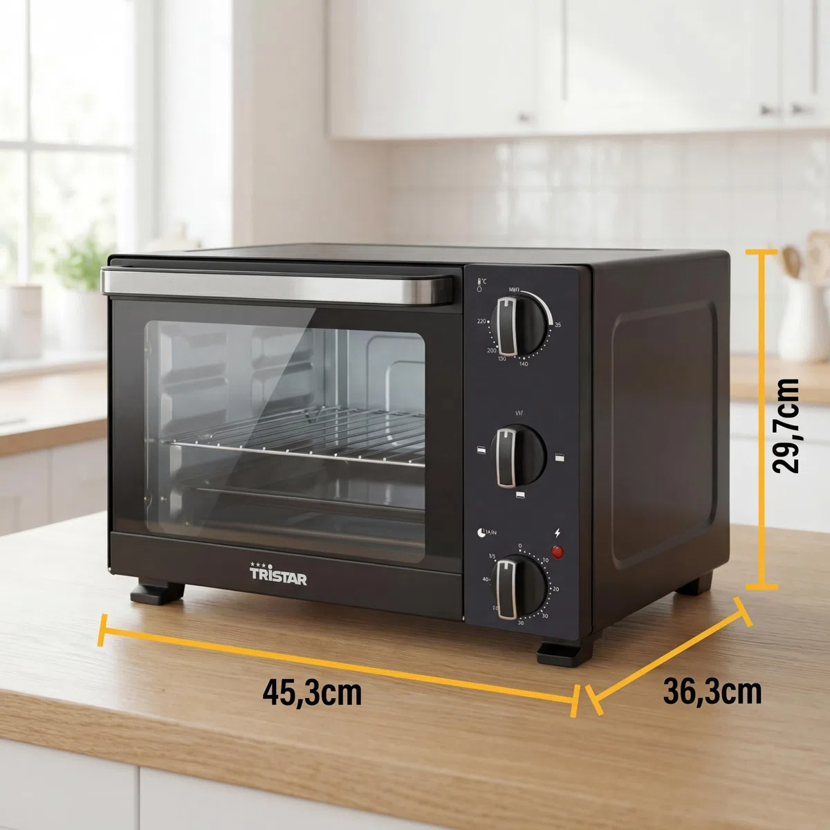 Tristar Forno Mini 20 L, 1300 W, Calore Superiore e Inferiore, Termostato Regolabile, Timer 60 Minuti, Porta Doppio Vetro, Teglia e Griglia, OV-3650