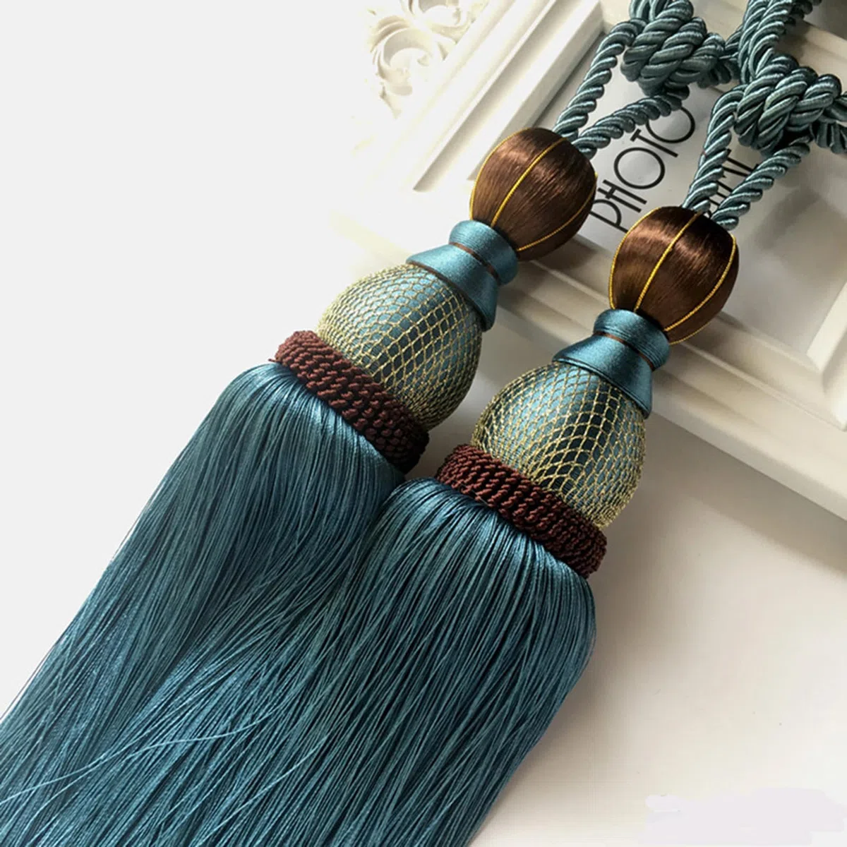 2 Pezzi Fermatende con Nappa, 70cm In Corda Intrecciata Fatta a Mano In Stile Vintage Fatti a Mano In Corda Intrecciata (blu scuro)