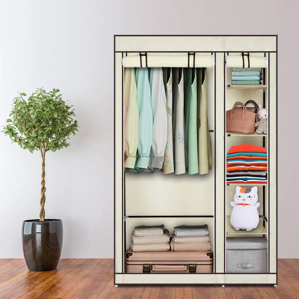 LEADZM Armadio, guardaroba in tessuto pieghevole con cerniera, scomparti, per camera da letto, soggiorno (Beige, 110 x 45 x 175 cm)