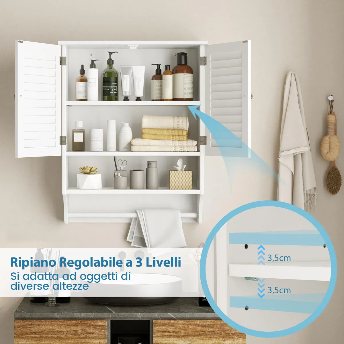 COSTWAY Armadietto da Bagno Sospeso, Armadietto da Parete con 2 Ante, con Ripiano Regolabile in 3 Posizioni e Barra Porta Asciugamani, 60x22x75 cm (Bianco)