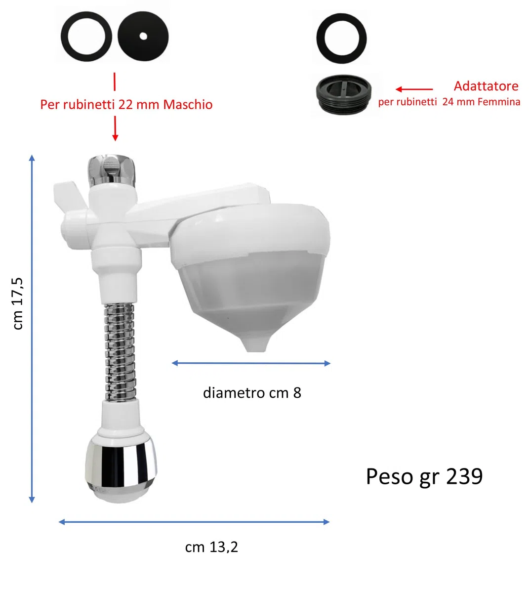 Siroflex 2652/1S Silver UNI 3-A Depuratore Acqua Domestico Made in Italy Con Cannuccia Flessibile Aeratore Doccetta Sirius | Depuratore Acqua Rubinetto | Filtro Acqua Rubinetto Depuratore