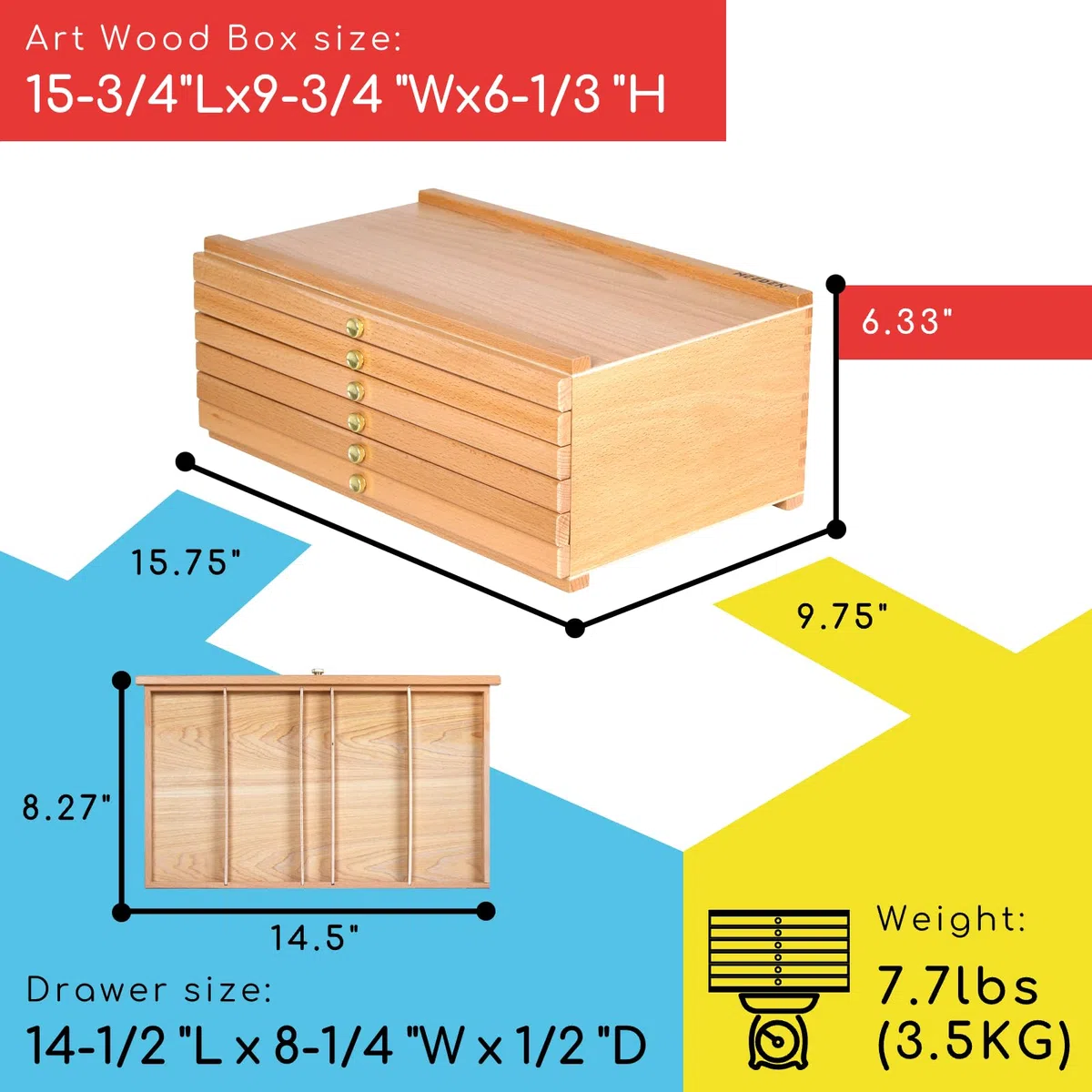 MEEDEN - Scatola portaoggetti per artisti, con 6 cassetti, portatile, pieghevole, multifunzione, in legno di faggio, con scomparti e cassetti per pastelli, matite, pennelli, timbri