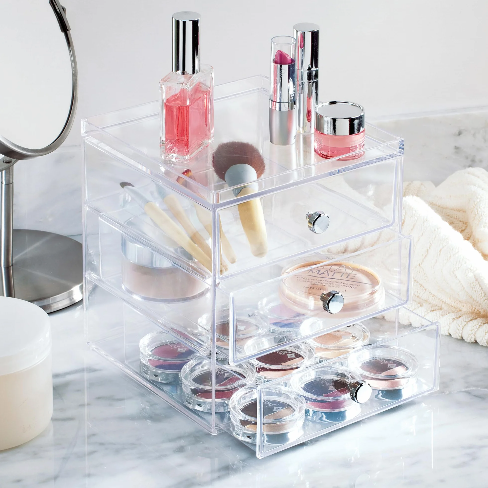 iDesign Porta trucchi con 3 cassetti, Mini cassettiera per make up, cosmetici e gioielli, Organizzatore trucchi impilabile in plastica, trasparente