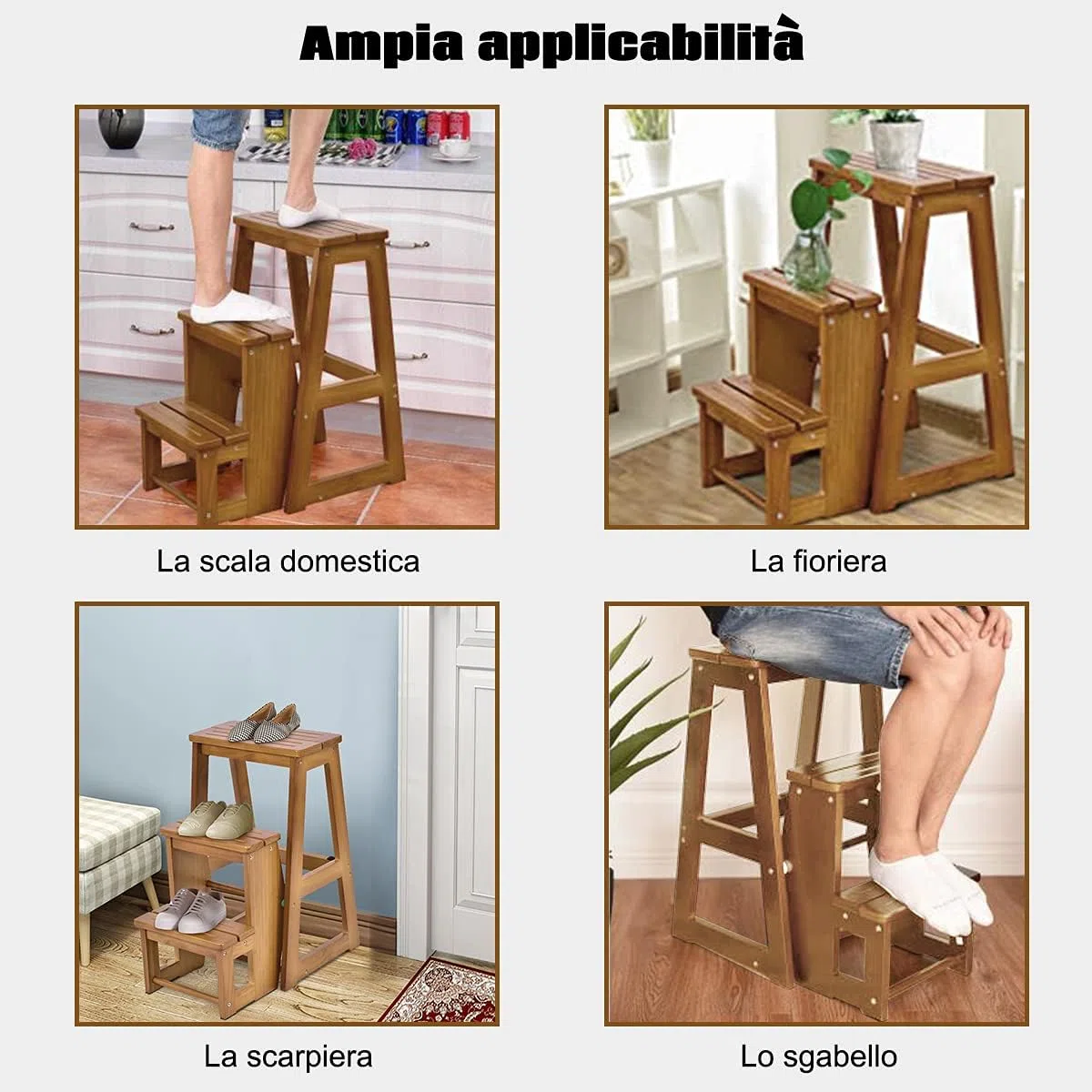 RELAX4LIFE 2 in 1 Sgabello Scaletta in Legno a 3 Gradini, Richiudibile per Cucina, Camera da letto, Ufficio, Negozio (Marrone Chiaro)