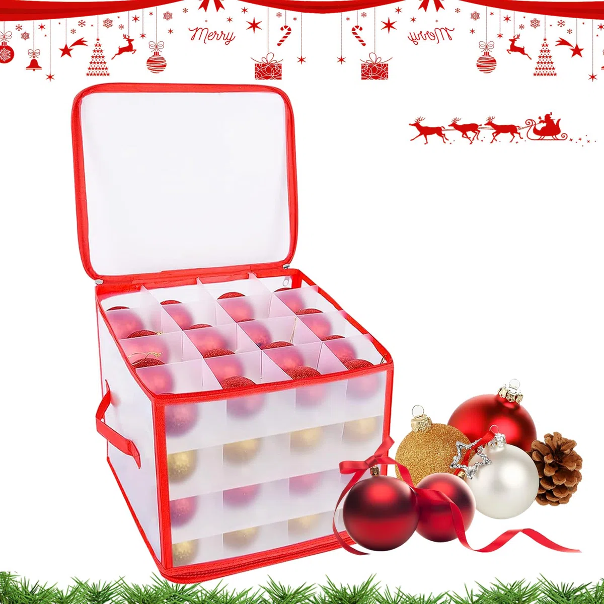Scatola Portaoggetti per Ornamenti Natalizi, Contenitore per 64 Palline Albero di Natale, Borsa e Scatola Porta Palle