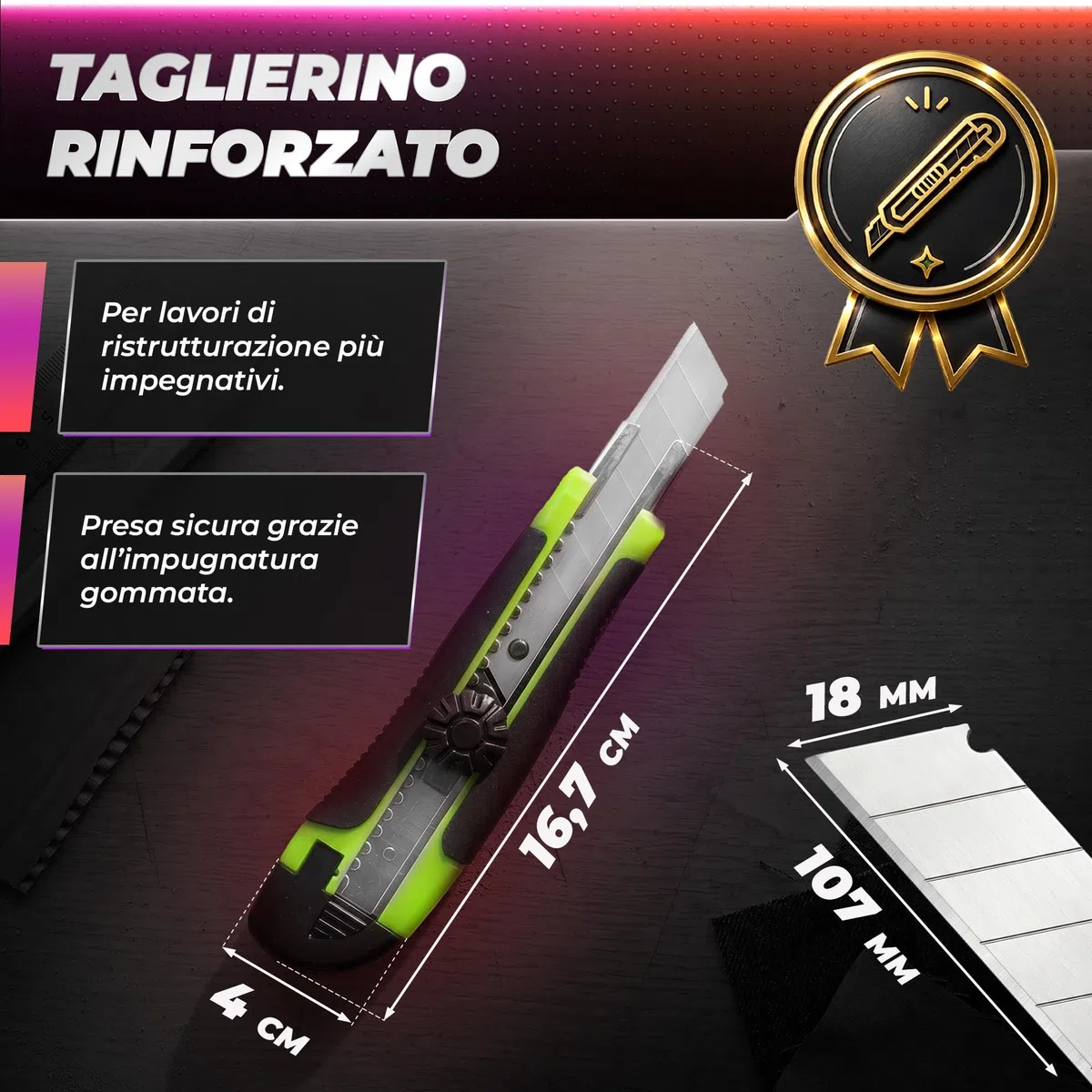 ToolSpace Cutter Professionale 18 mm 12x Lama Spezzabile Acciaio Al Carbonio Blocco Lama Impugnatura Antiscivolo Taglierino Per Cartone Carta Da Parati Moquette Imballaggi Cantiere Bricolage