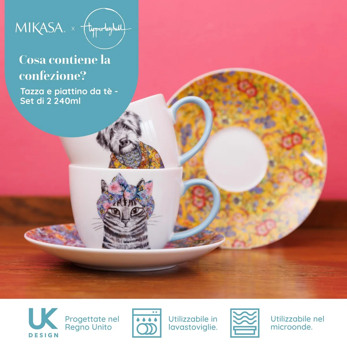 Mikasa x Tipperleyhill, Set di 2 tazze da 240 ml con piattini in porcellana fine, perfetto per il tè pomeridiano, lavabile in lavastoviglie, in confezione regalo