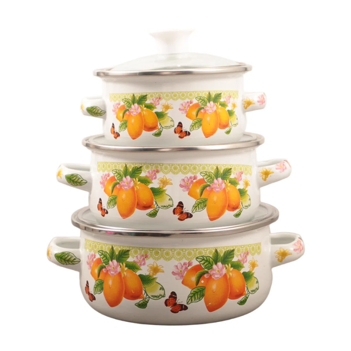 Milageto 3 pezzi di pentola smaltata con coperchio, pentola smaltata, pentole a doppio manico, design vintage, pentole per zuppa, per cucina, sala da pranzo, Limone