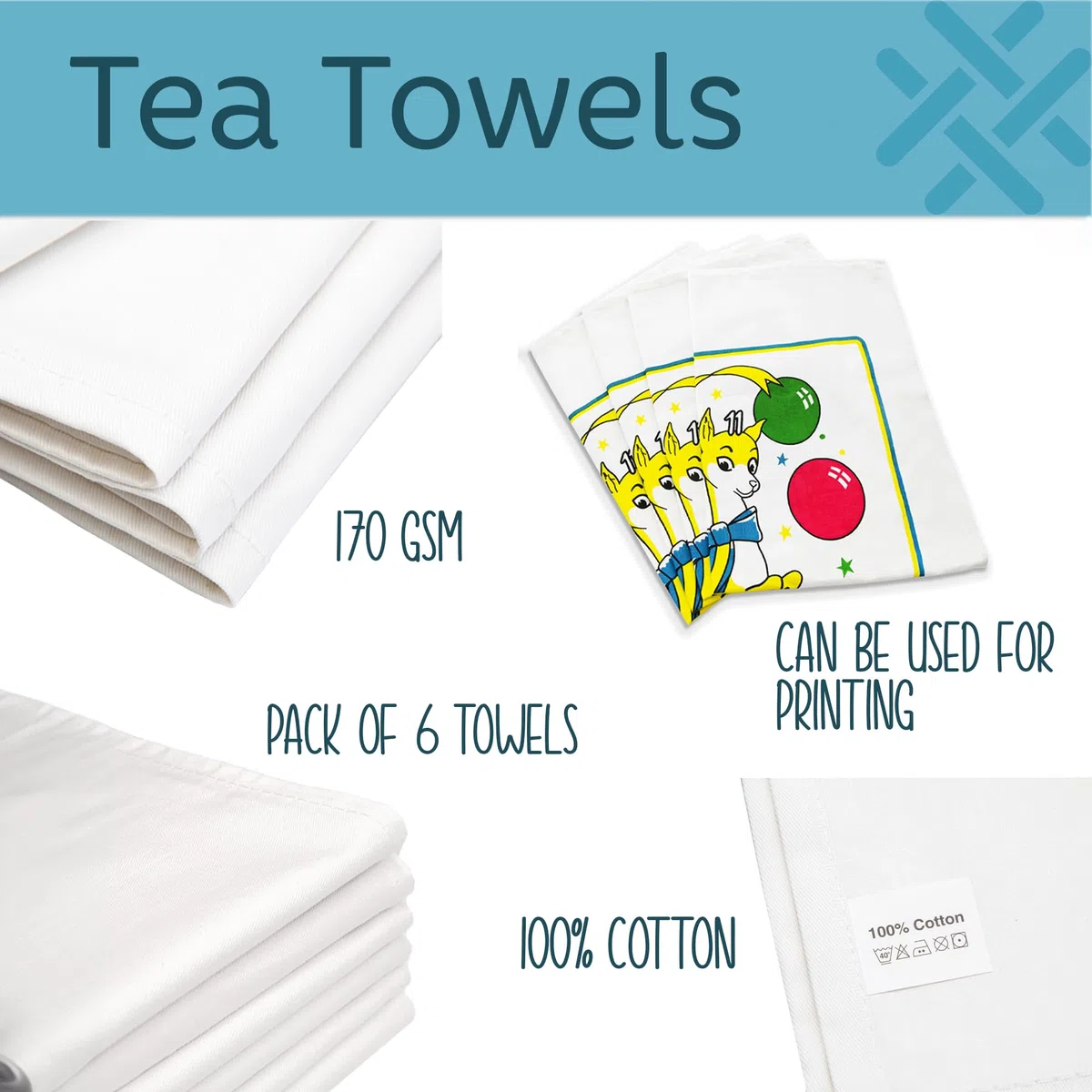 TowelsRus, strofinacci in cotone tinta unita, 100% cotone, ideali per la stampa a trasferimento, la lucidatura e l'uso in cucina, confezione da 6, colore: bianco
