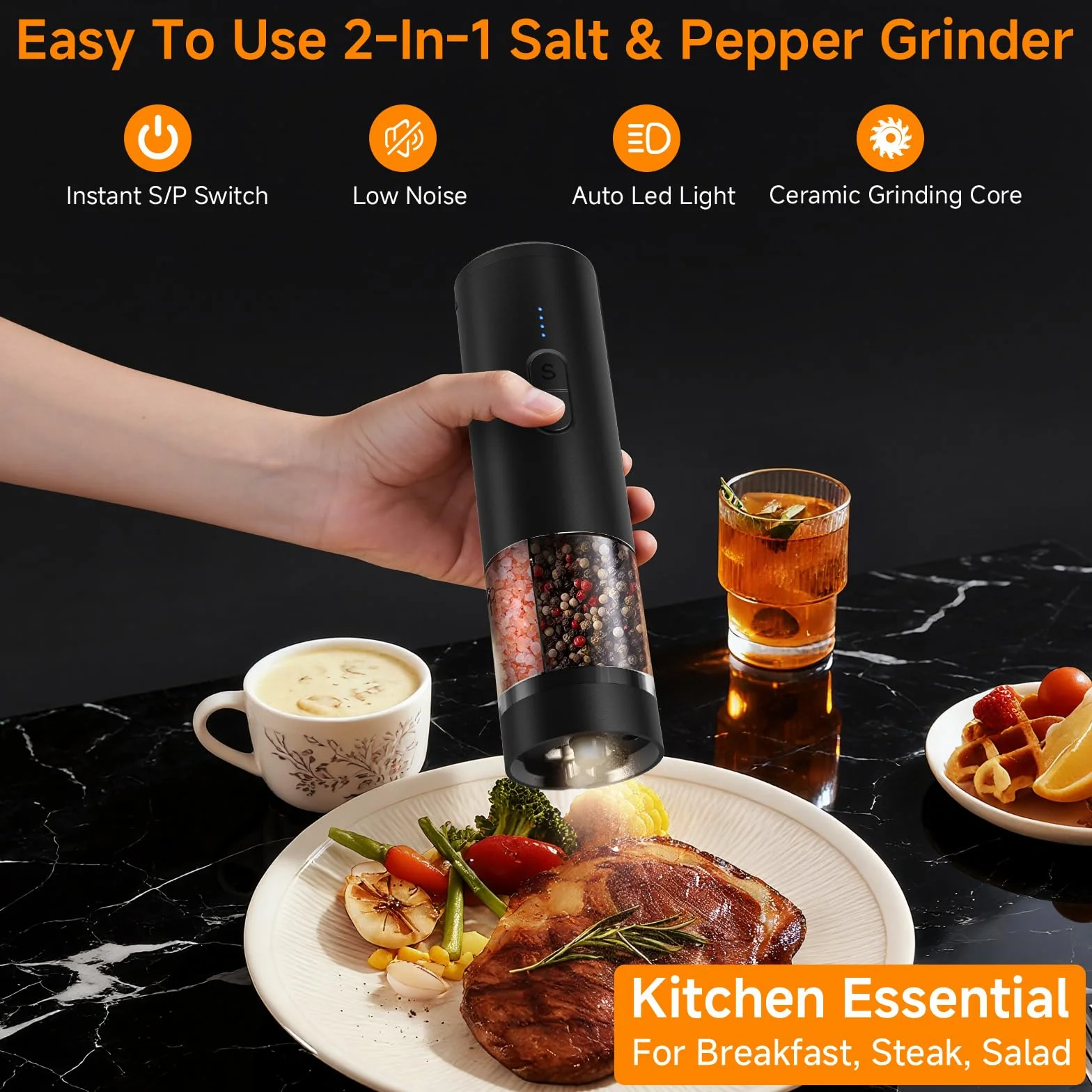 Set elettrico 2 in 1 per sale e pepe, macinapepe automatico, illuminazione a LED, macinino regolabile, grande capacità ideale per cucina e barbecue (nero)