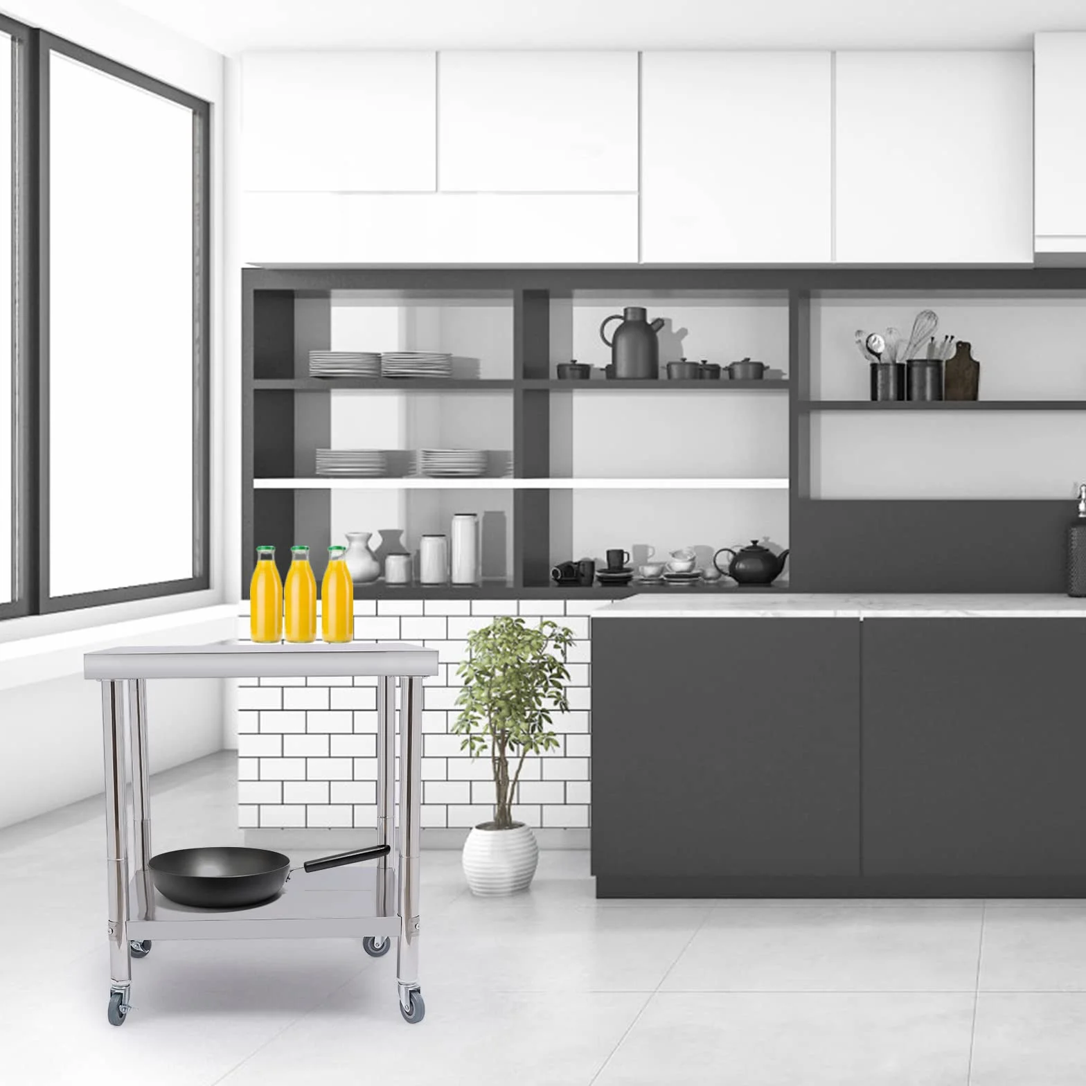 OUKANING Carrello da portata in acciaio inox, 2 piani, tavolo da lavoro, cucina in acciaio inox, con ruote, per uso domestico/commerciale, capacità di carico 300 kg, tubo rotondo 5 cm (dimensioni: 76