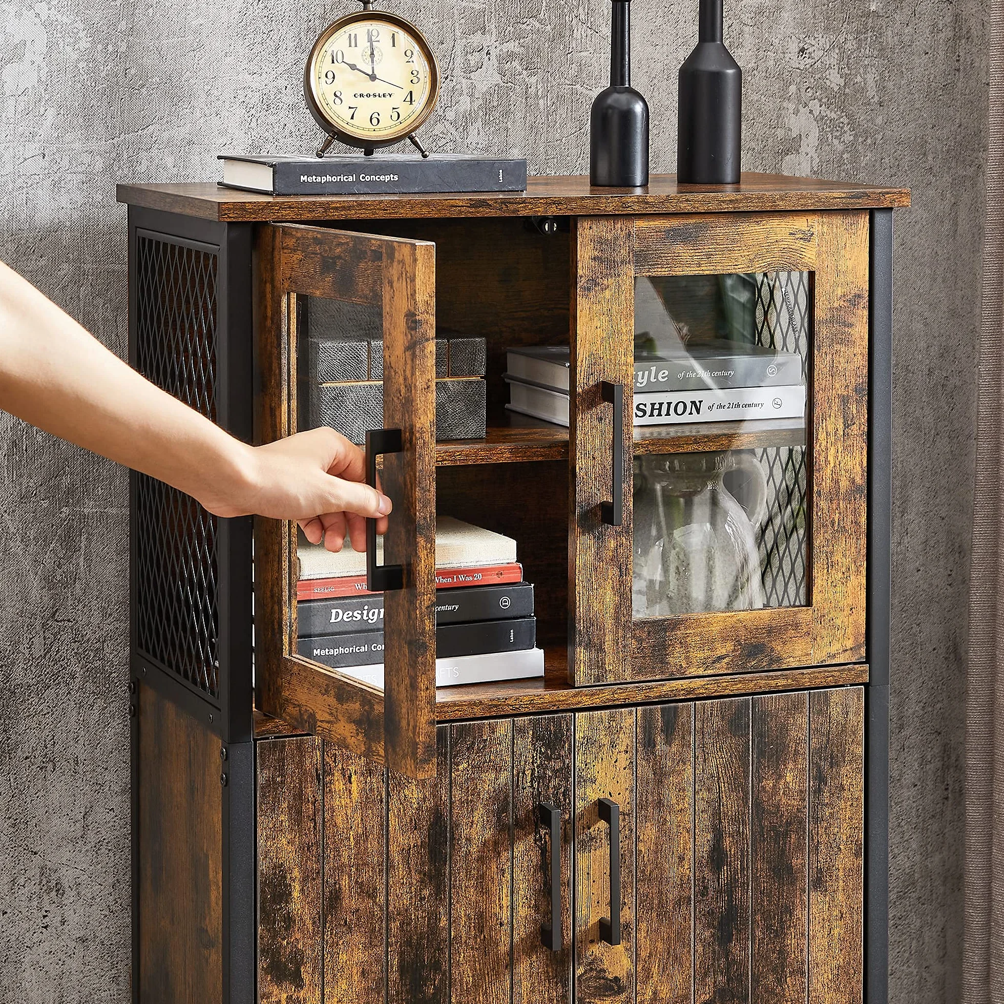 VASAGLE Mobiletto Multiuso, Armadietto, Credenza, Ripiano Regolabile, Mobile da Bagno, Struttura in Acciaio, per Salotto Cucina, Stile Industriale, Marrone Vintage e Nero LSC260B01