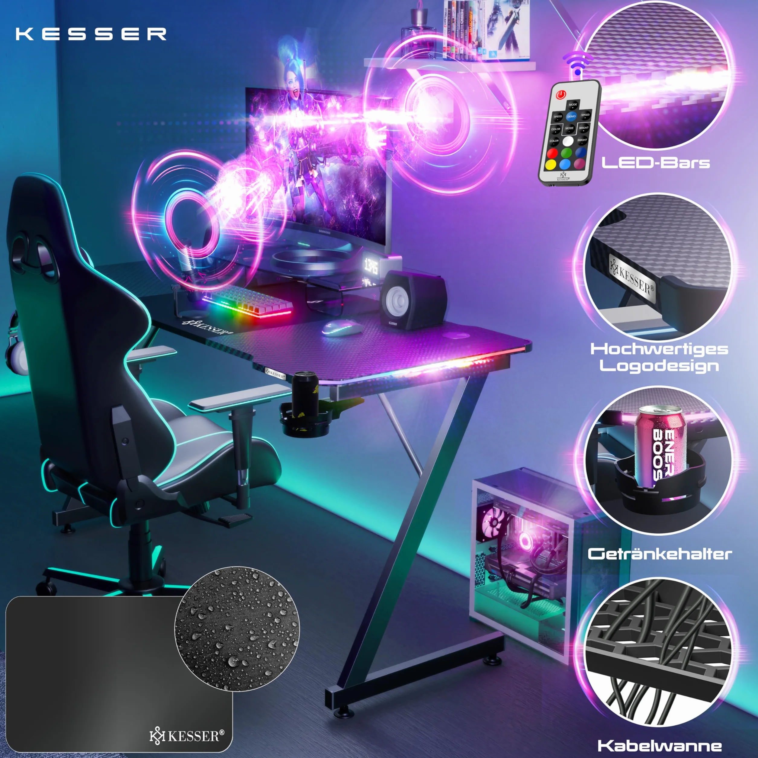 KESSER® Scrivania da Gioco LED - 180 x 80 cm, Scrivania a forma di Z, Gancio per Cuffie e Rivestimento in Carbonio, Ergonomica per PC, con Portabicchieri, Nero Carbonio