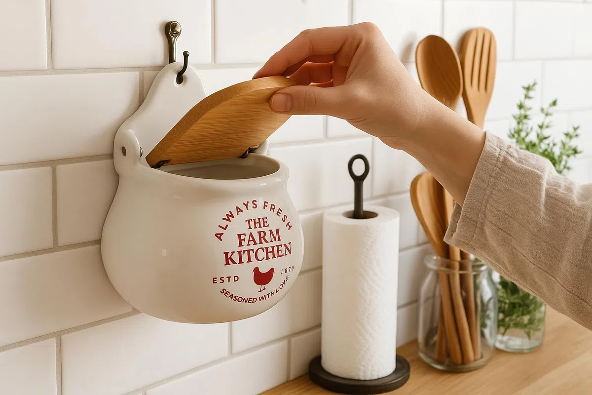 Saliera in ceramica bianca con coperchio in legno, 12 cm, barattolo per sale e spezie per la cucina e il riposo a parete