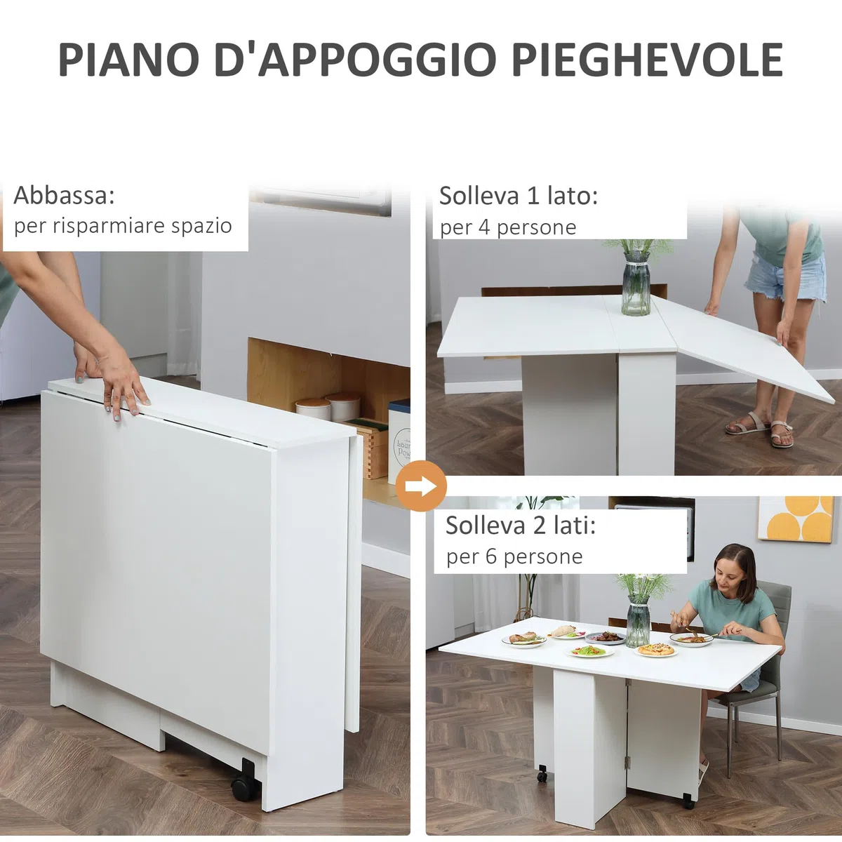 HOMCOM Tavolo Pieghevole in Legno Bianco Tavolo Richiudibile con Ruote per 6 Persone