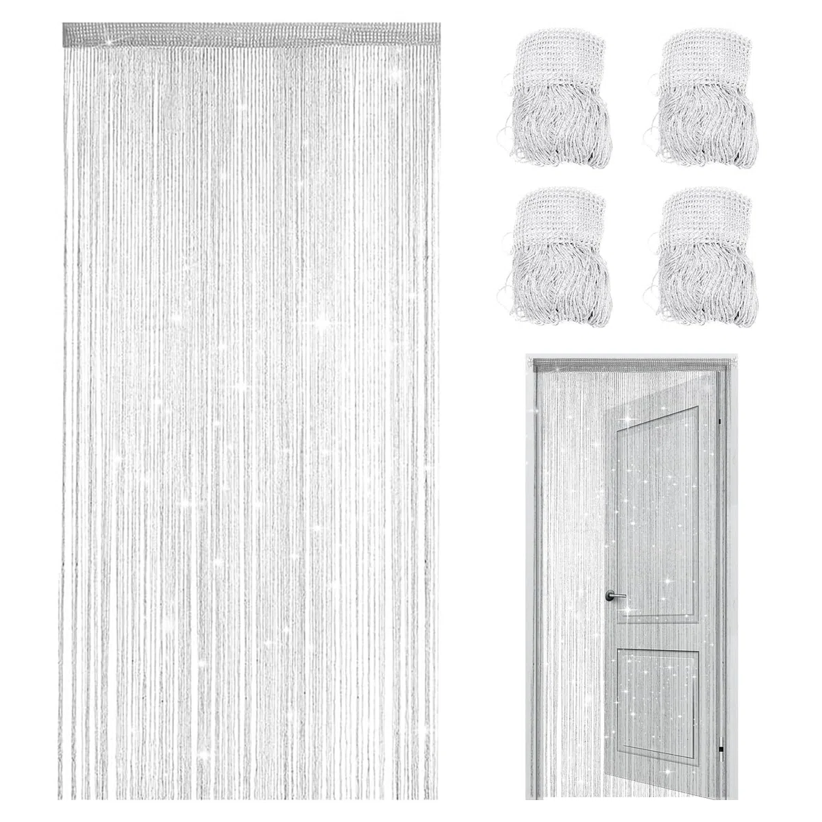 MeYuxg 4 Tenda per Porta con Frange Glitter,100 x 200cm Pannello Tenda a Fili,Effetto Cascata di Rugiada,Divisorio per Camere,per matrimoni, feste,Finestre, Decorazione (Bianco)
