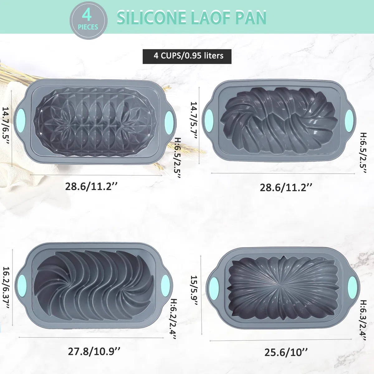 Tongjude 4 pezzi Pan di silicone per la cottura del pane, Pan di cucina antiaderente per il forno, perfetto per pane alla banana, torta di libbre e polpettone, 4 tazze, grigio